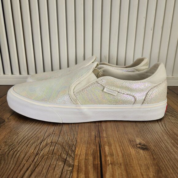 Vans Asher Deluxe Slip On Womens Size 10 Iridescent White Skater Loafers Shoes - Picture 3 of 9